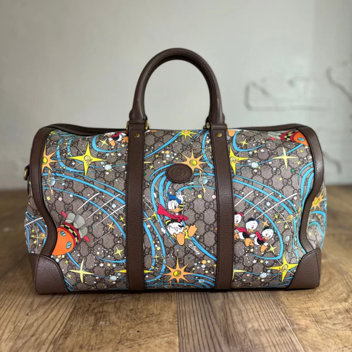 Gucci Donald Duck Duffle Boston Bag Beige Ebony Brown Grey Leather Han Bag Lady Shop