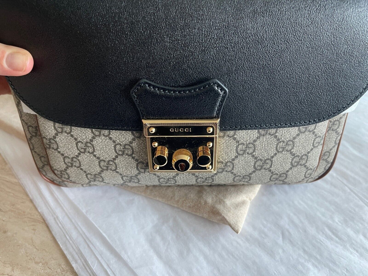 Gucci Black Bee Gold Star Padlock Italy Top Handle Small Leather