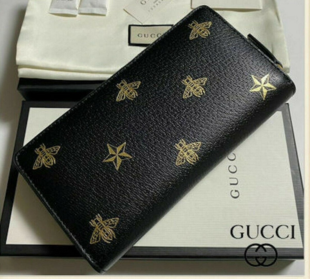 Gucci Black Leather Bee Star Bifold Wallet
