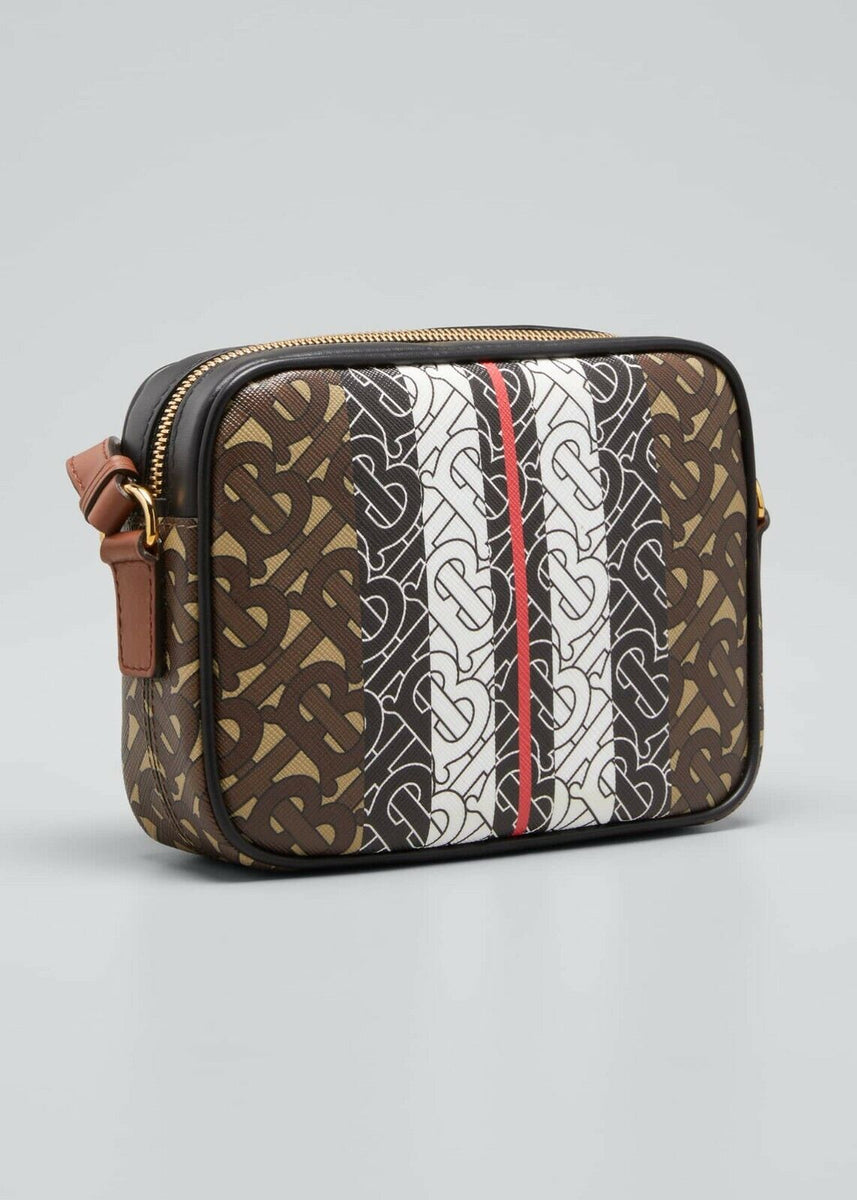 BURBERRY E Canvas Monogram Stripe Small Belt Tote Brown Handbag