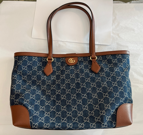 Gucci Ophidia GG Jacquard Denim Blue Brown Tote Bag Italy Leather Handbag New