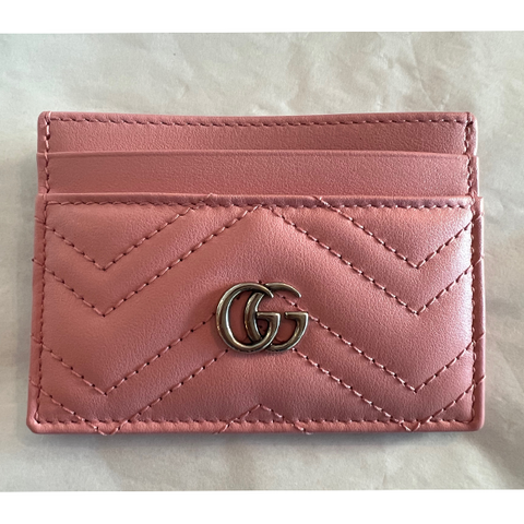 Gucci GG Marmont Matelasse Card Holder Wallet Pink Chevron Leather Italy NEW