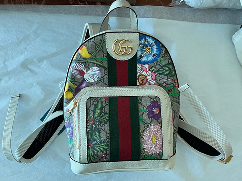 Gucci Ophidia Flora Beige White Leather Canvas Backpack Handbag Bag Italy NEW