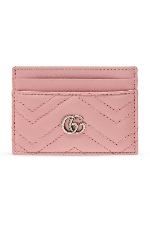 Gucci GG Marmont Matelasse Card Holder Wallet Pink Chevron Leather Italy NEW