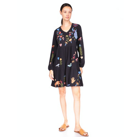 Johnny Was Adela Tiered Knit Dress Puff Butterfly Floral Embroidery Black NEW