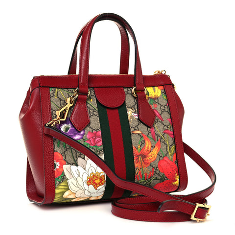 Gucci Ophidia Red Flora Small Tote GG Leather Canvas Flower Handbag Bag Italy NEW