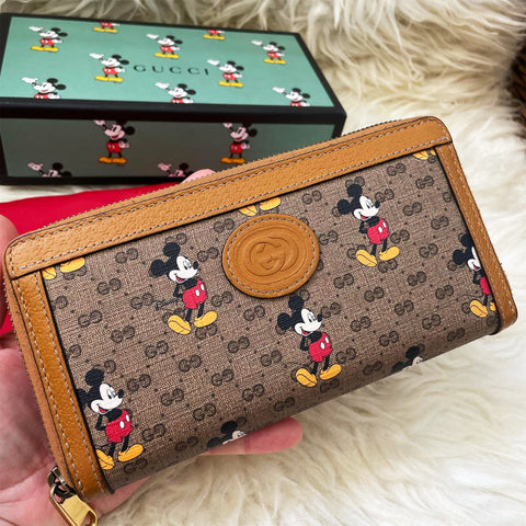 Gucci GG Disney X Mickey Mouse Zip Around Tan Gold Brown Purse Wallet Italy NEW