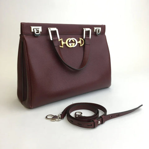 Gucci Zumi Gold Wine Red Shoulder Bag Top Handle Handbag Leather Bordeaux NEW