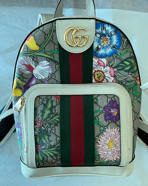 Gucci Ophidia Flora Beige White Leather Canvas Backpack Handbag Bag Italy NEW