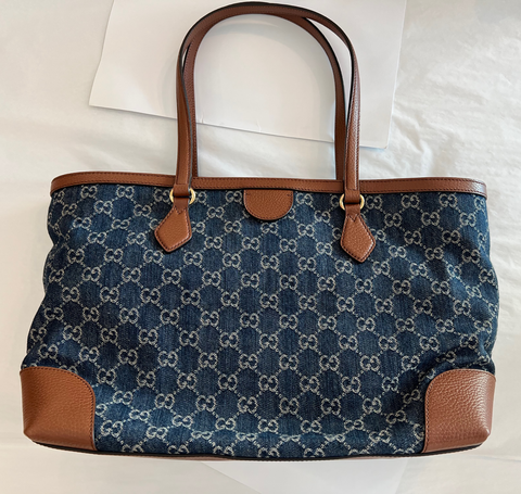 Gucci Ophidia GG Jacquard Denim Blue Brown Tote Bag Italy Leather Handbag New