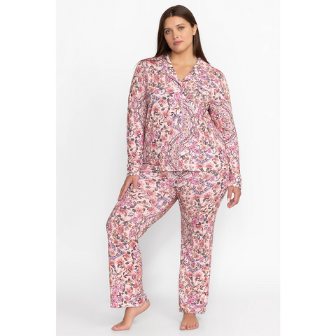 Johnny Was Carly Pj Set Aussie Long Home Lounge Sleepwear Pink Floral 2 pc NEW