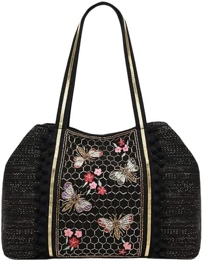 America & Beyond Midnight Black Honey Bee Floral Tote Gold Beaded Handbag Bag NEW