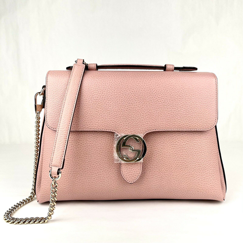 Gucci GG Interlocking Borsa Dollar Calf Pink Leather Shoulder Handbag Purse New