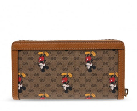 Gucci GG Disney X Mickey Mouse Zip Around Tan Gold Brown Purse Wallet Italy NEW