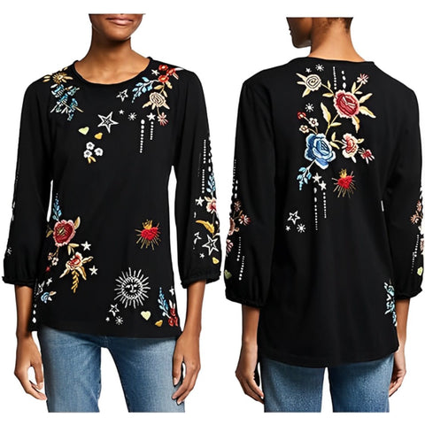 Johnny Was Maris Puff Long Sleeve Embroidery Black Tee Special Shirt Flower New