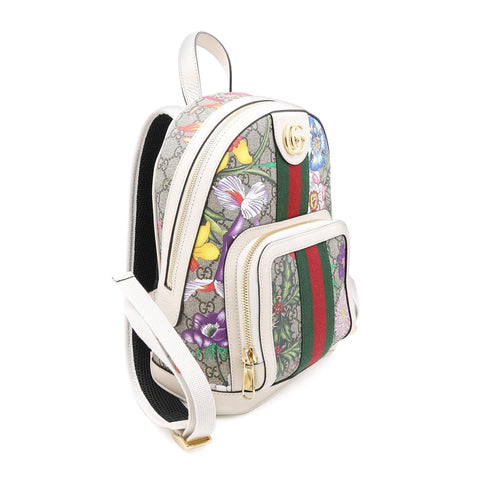 Gucci Ophidia Flora Beige White Leather Canvas Backpack Handbag Bag Italy NEW