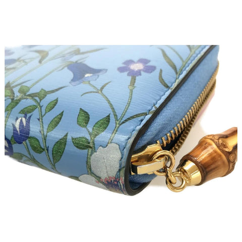 Gucci Nymphae Azure Shanghai Blue Large Floral Zip Around Wallet Purse Bag New