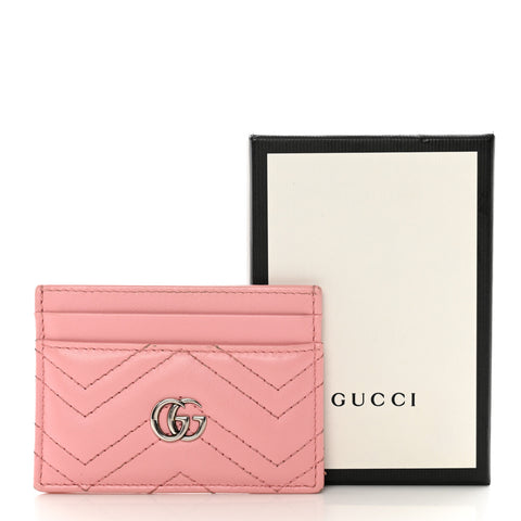 Gucci GG Marmont Matelasse Card Holder Wallet Pink Chevron Leather Italy NEW