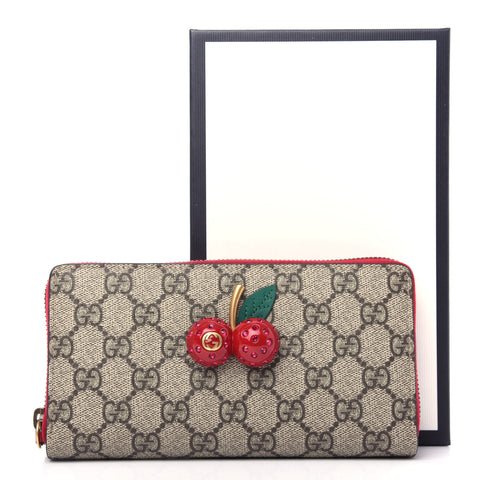 Gucci Cherry Leather Long Wallet Zip Canvas Cherrie GG Fruit Italy Beige Red NEW