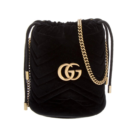 Gucci GG Marmont Mini Bucket Velvet Bag Black Gold Drawstring Italy Handbag New