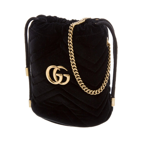 Gucci GG Marmont Mini Bucket Velvet Bag Black Gold Drawstring Italy Handbag New