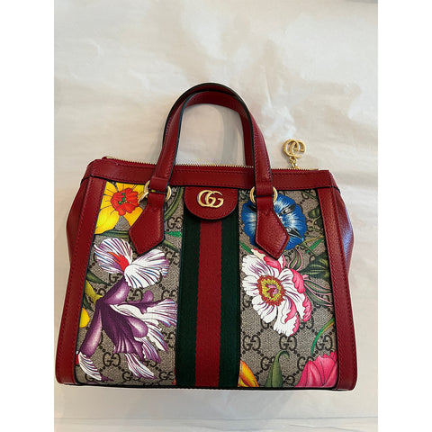 Gucci Ophidia Red Flora Small Tote GG Leather Canvas Flower Handbag Bag Italy NEW