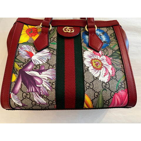 Gucci Ophidia Red Flora Small Tote GG Leather Canvas Flower Handbag Bag Italy NEW