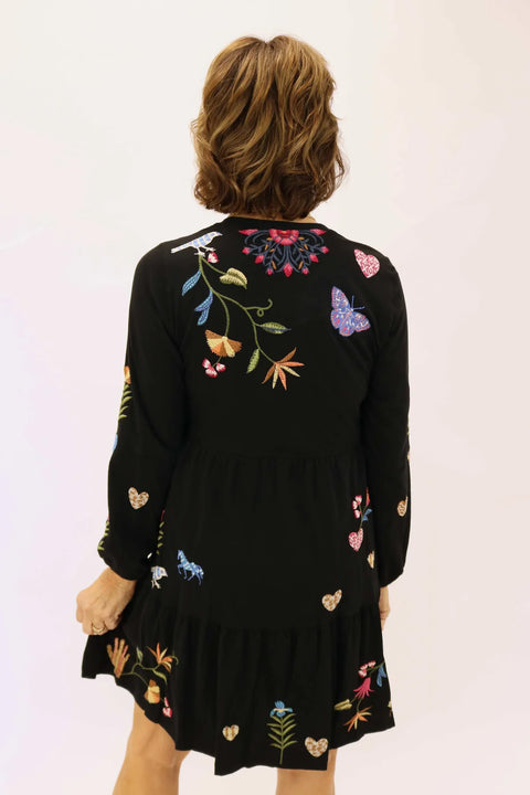 Johnny Was Adela Tiered Knit Dress Puff Butterfly Floral Embroidery Black NEW