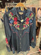 Johnny Was Button Down Oversized Shirt Tunic Floral Embroidery Denim Blue Top NEW