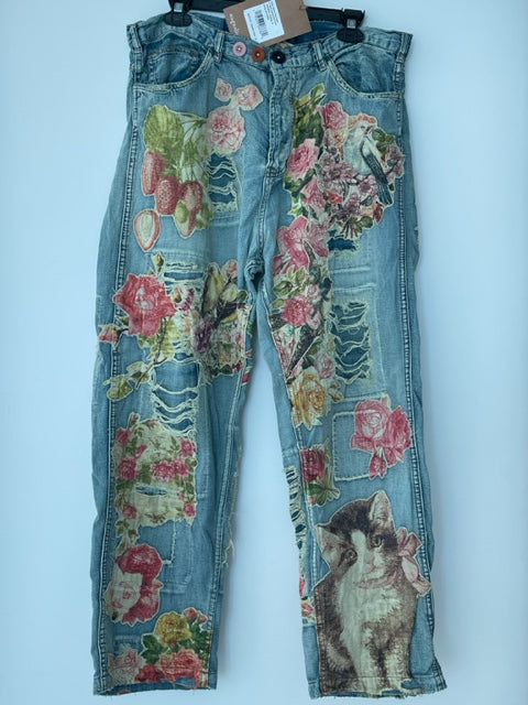 Magnolia Pearl 371 Cotton Floral Pants Applique Miner Denims Wash Pant Blue NEW