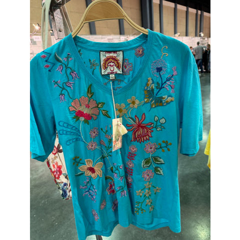 Johnny Was Maureen Trapunto 3/4 Tee Shirt Floral Embroidered Top Scuba Blue NEW