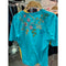 Johnny Was Maureen Trapunto 3/4 Tee Shirt Floral Embroidered Top Scuba Blue NEW