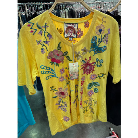 Johnny Was Maureen Trapunto 3/4 Tee Shirt Floral Embroidery Top Citron Yellow NEW