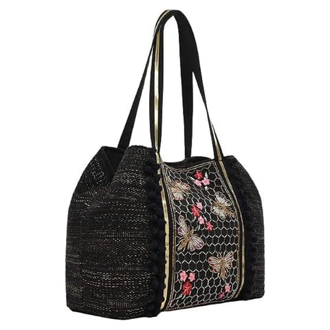 America & Beyond Midnight Black Honey Bee Floral Tote Gold Beaded Handbag Bag NEW