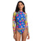 Johnny Was Rumba Mix Long Surf Shirt Swim Floral Zip Rash Guard Top Blue Yellow NEW