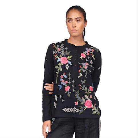 Johnny Was Raw Seam Catia Henley Tee Embroidery Cotton Shirt Floral Top Black NEW