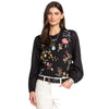 Johnny Was Sophie Mixed Media Tee Knit Floral Embroidery Shirt Swing Top Black NEW