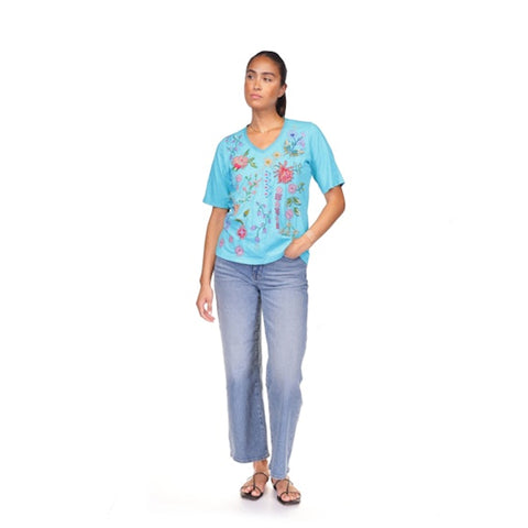 Johnny Was Maureen Trapunto 3/4 Tee Shirt Floral Embroidered Top Scuba Blue NEW