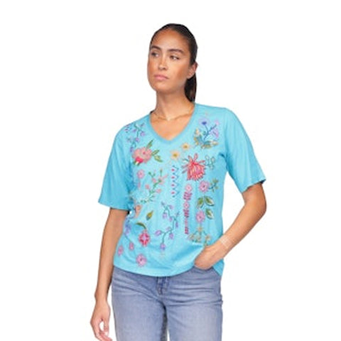 Johnny Was Maureen Trapunto 3/4 Tee Shirt Floral Embroidery Top Citron Yellow NEW