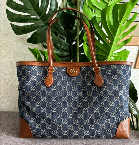 Gucci Ophidia GG Jacquard Denim Blue Brown Tote Bag Italy Leather Handbag New