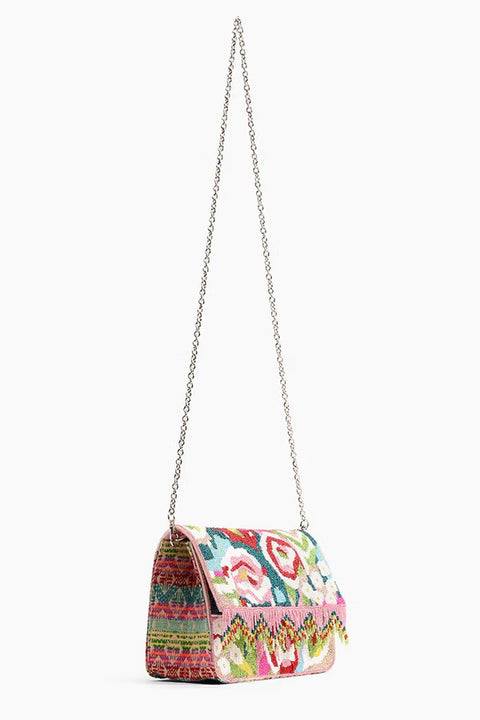 America & Beyond Geo Floral Beaded Fringe Bag Floral Handbag Purse Pink Blue NEW