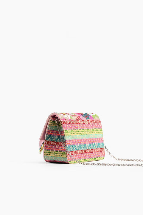 America & Beyond Geo Floral Beaded Fringe Bag Floral Handbag Purse Pink Blue NEW