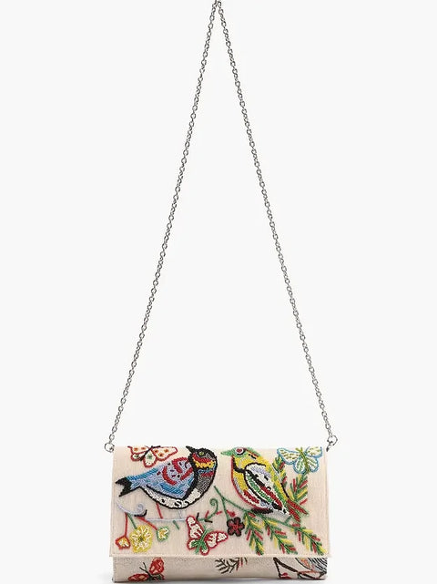 America & Beyond Birds In Paradise Butterfly Beaded Handbag Bag Cream Purse NEW