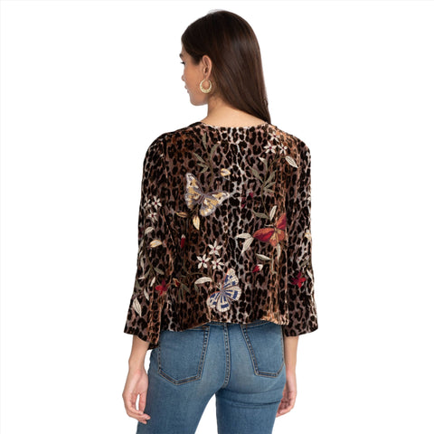 Johnny Was Penelope Velvet Bolero Leopard Embroidery Butterfly Jacket Shirt NEW