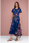 Johnny Was Gracey Crew Neck Swing Long Dress Sailor Blue Floral Embroidered New