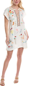 Johnny Was Lemona Dress Floral Embroidery Linen Natural Button Front White NEW