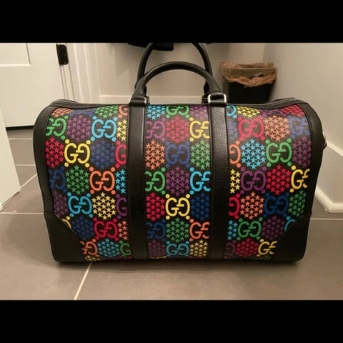 Gucci Psychedelic Black Boston GG Large Leather Travel Luggage Duffle Bag New