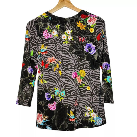 Johnny Was Zippy Favorite Flower Black Gray V Floral Swing Shirt Top Tee XXL NEW