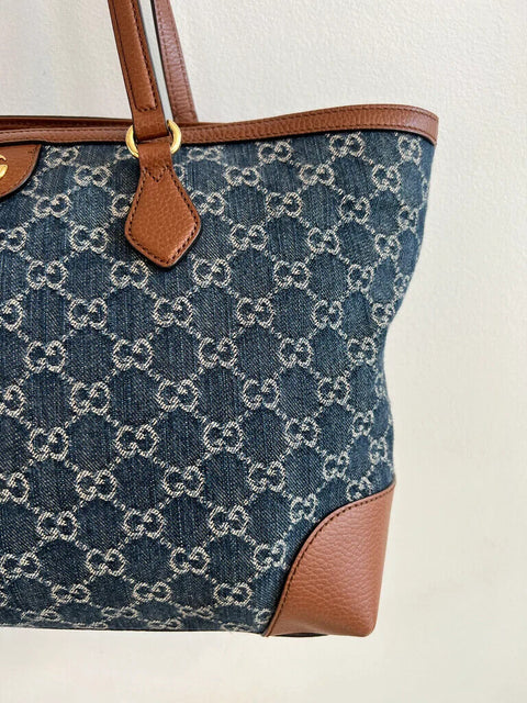 Gucci Ophidia GG Jacquard Denim Blue Brown Tote Bag Italy Leather Handbag New