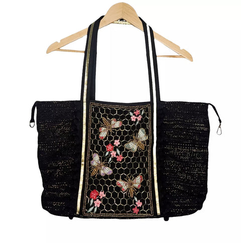 America & Beyond Midnight Black Honey Bee Floral Tote Gold Beaded Handbag Bag NEW